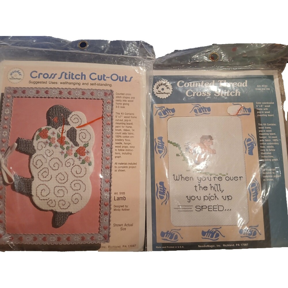 Vtg Counted Cross Stitch "Woodee By Needle Magic" Set of 2 Lamb & Over the Hill
